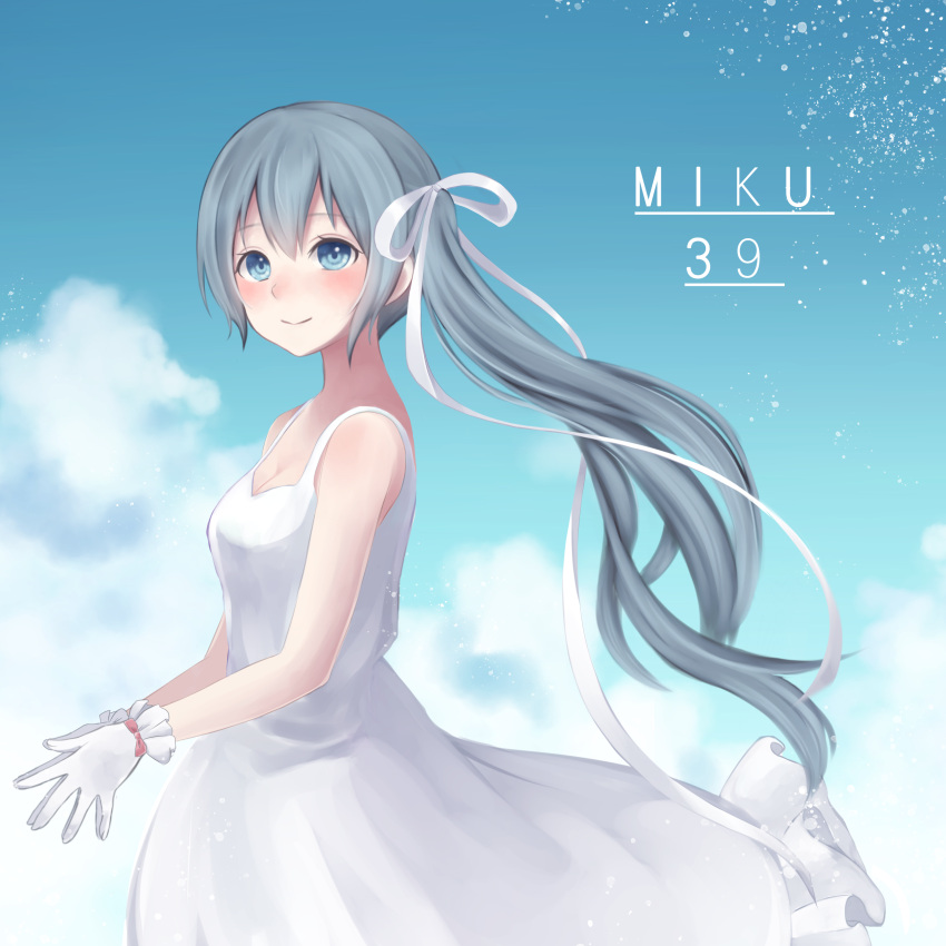 1girl 39 absurdres alternate_hairstyle bangs blue_eyes blue_hair blush character_name day dress frilled_gloves frills from_side gloves hair_ribbon hatsune_miku highres long_hair looking_at_viewer miku_day own_hands_together ribbon side_ponytail sky sleeveless sleeveless_dress smile solo very_long_hair vocaloid yutuka01