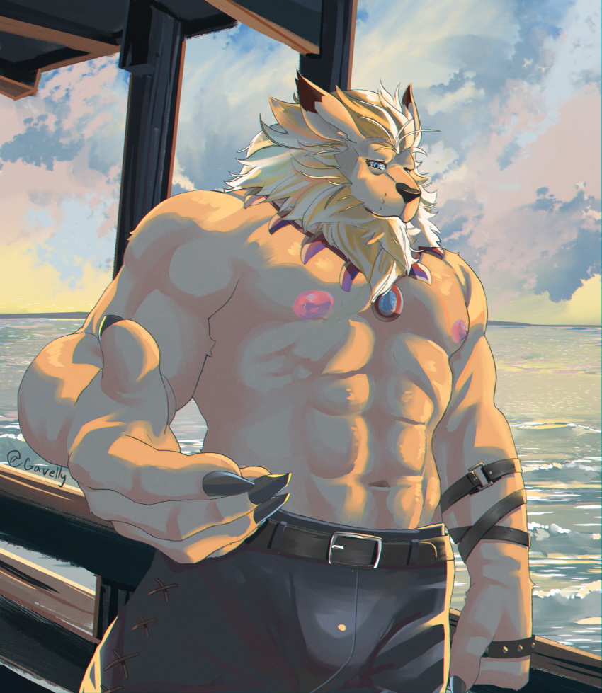 abs bandai_namco beard belt blonde_hair blue_eyes bottomwear claws clothed clothing digimon digimon_(species) facial_hair gavel_(artist) hair hi_res jewelry leomon looking_at_viewer male navel necklace nipples pants sea smile solo topless water