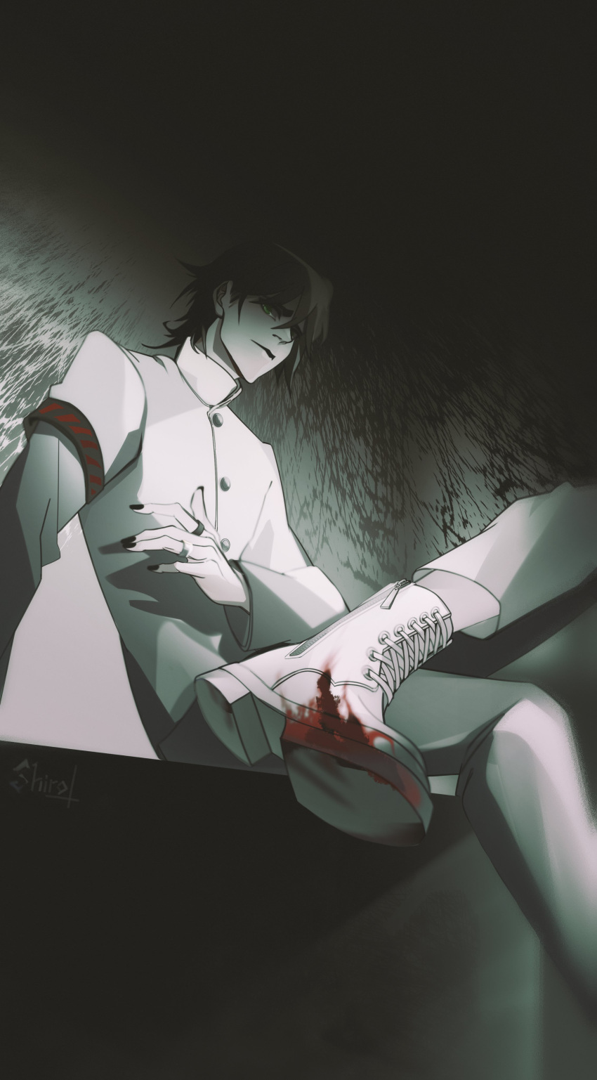 1boy absurdres armband black_hair black_lips black_nails bleach blood blood_on_shoes crossed_legs green_eyes highres jewelry looking_down multiple_rings pants ring shirosan_4 shirt simple_background sitting solo_focus ulquiorra_cifer white_footwear white_pants white_shirt