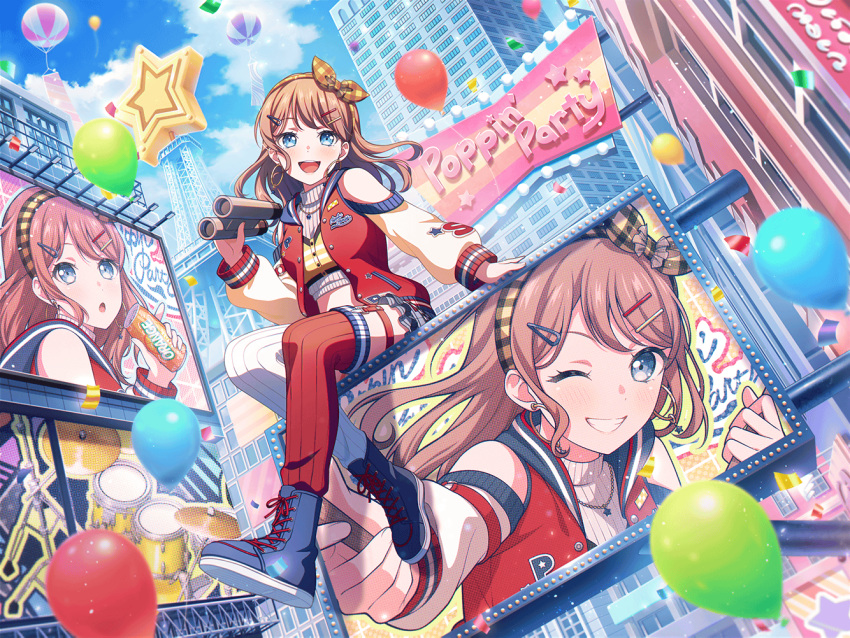 1girl asymmetrical_legwear bang_dream! billboard binoculars blue_eyes boots brown_hair building city clothing_cutout crop_top drum drum_set earrings garter_straps hair_ornament hairband hairclip holding holding_binoculars hoop_earrings instrument jacket jewelry letterman_jacket looking_at_viewer mismatched_legwear multiple_views necklace official_art one_eye_closed outdoors screen shoulder_cutout sitting skyscraper smile star_(symbol) star_earrings star_necklace third-party_source yamabuki_saya