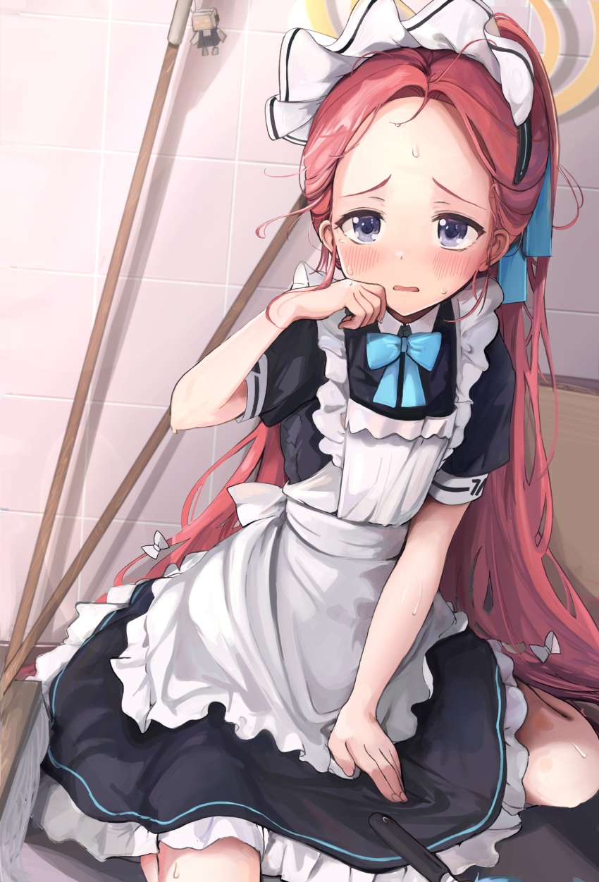 1girl absurdres alternate_costume apron arm_support blue_archive blue_bow blue_bowtie borrowed_clothes bow bowtie broom commentary crying crying_with_eyes_open dress dustpan enmaided forehead gokineko_(roachcat) grey_eyes hair_bow halo hand_on_own_face highres long_hair looking_at_viewer maid maid_apron open_mouth red_hair solo sweatdrop tears yellow_halo yuzu_(blue_archive) yuzu_(maid)_(blue_archive)
