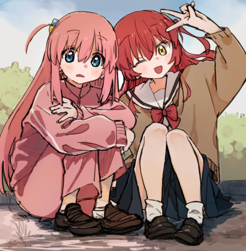 2girls arm_up black_footwear blue_eyes blue_skirt blue_sky blush bocchi_the_rock! bow bowtie brown_footwear bush cloud cloudy_sky dot_nose facing_viewer frown full_body fxxk_pote10 gotou_hitori hair_between_eyes hand_on_own_arm head_tilt highres hugging_own_legs jacket kita_ikuyo knees_up long_hair looking_at_viewer multiple_girls one_eye_closed one_side_up open_mouth outdoors pants pink_hair pink_jacket pink_pants pleated_skirt raised_eyebrows red_bow red_hair sailor_collar shoes sidelocks sitting skirt sky smile socks track_jacket v very_long_hair white_socks worried yellow_eyes