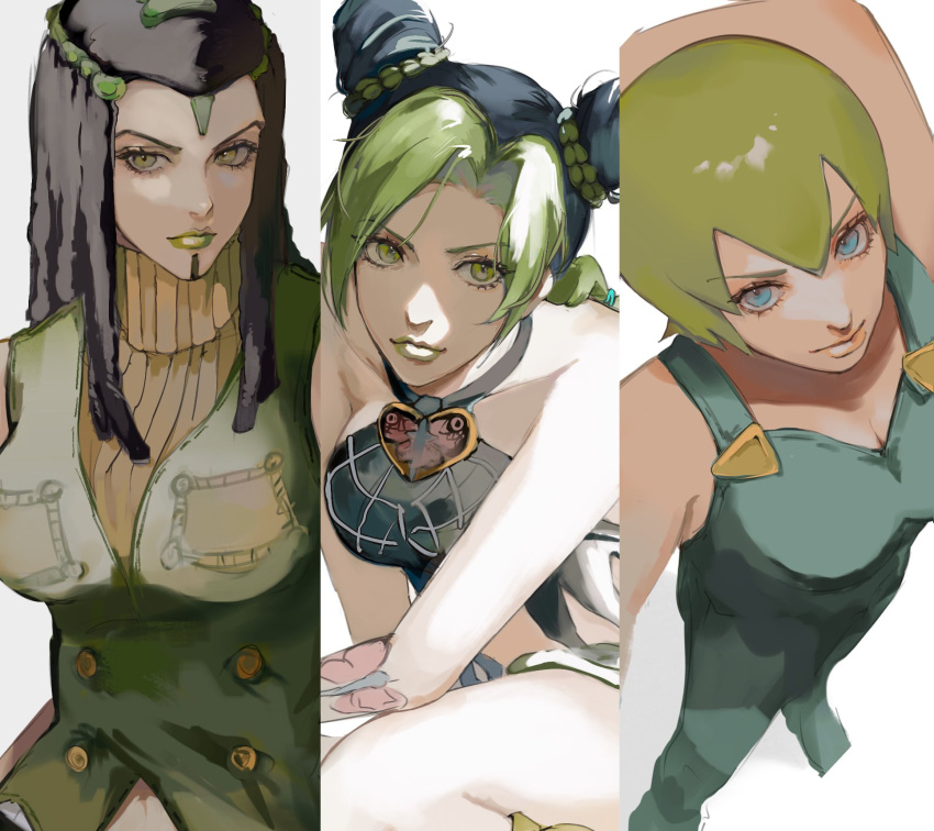 3girls black_hair blue_eyes blue_overalls braid closed_mouth clothing_cutout dreadlocks e251a13 ermes_costello eyelashes foo_fighters from_above green_eyes green_hair green_lips hair_between_eyes hair_ornament highres jojo_no_kimyou_na_bouken kujo_jolyne looking_at_viewer multicolored_hair multiple_girls overalls shirt simple_background sketch sleeveless sleeveless_turtleneck spider_web_print stone_ocean turtleneck twin_braids two-tone_hair upper_body white_background