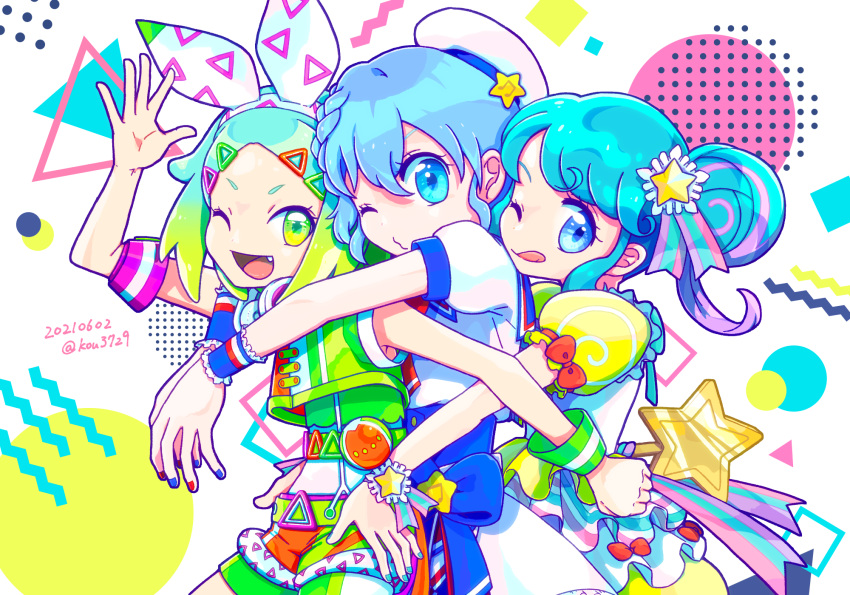 3girls blue_eyes blue_hair blue_nails clenched_hand dated dorothy_west dress eyelashes fang green_eyes green_hair green_vest hair_ornament hairband hairclip hat highres holding holding_wand kou_osmtaka licking_lips multicolored_nails multiple_girls musical_note nail_polish nijiiro_nino open_mouth pinon_(pripara) pretty_(series) pripara puffy_short_sleeves puffy_sleeves sailor_hat short_sleeves sleeve_bow tongue tongue_out twintails twitter_username vest wand white_dress wrist_cuffs