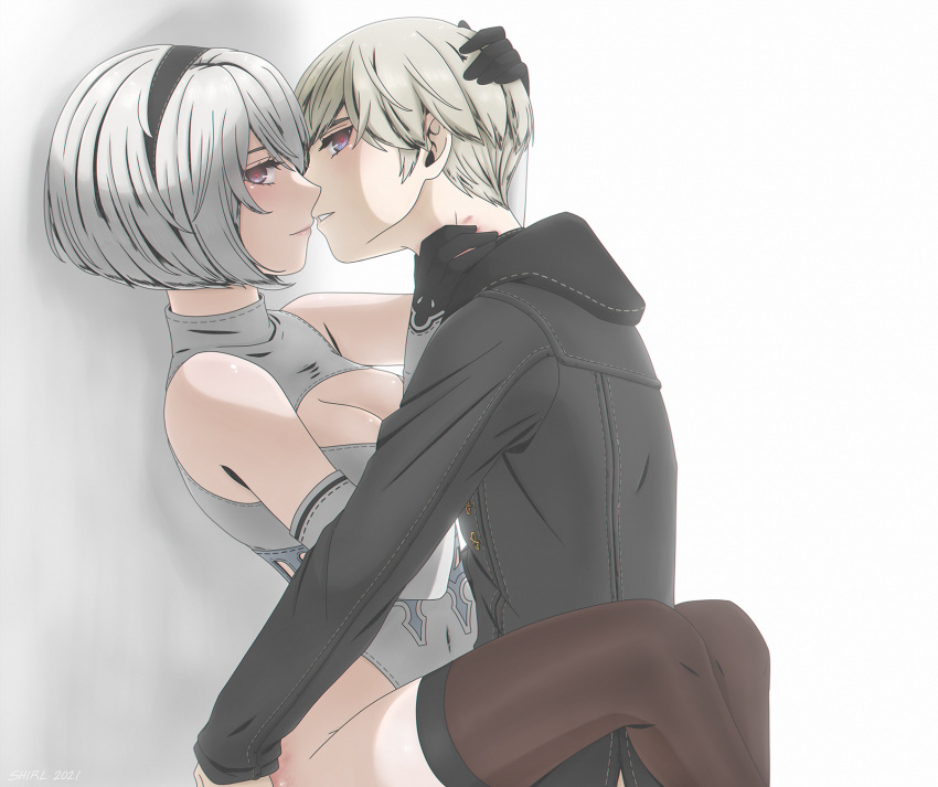 1girl black_gloves black_jacket black_thighhighs breasts cleavage cleavage_cutout closed_mouth clothing_cutout couple cowboy_shot elbow_gloves gloves grey_eyes grey_hair grey_leotard hand_on_another's_head hetero highres imminent_kiss jacket leg_lock leotard long_sleeves medium_breasts nier:automata nier_(series) parted_lips shirl_geem short_hair thighhighs white_background yorha_no._2_type_b yorha_no._9_type_s