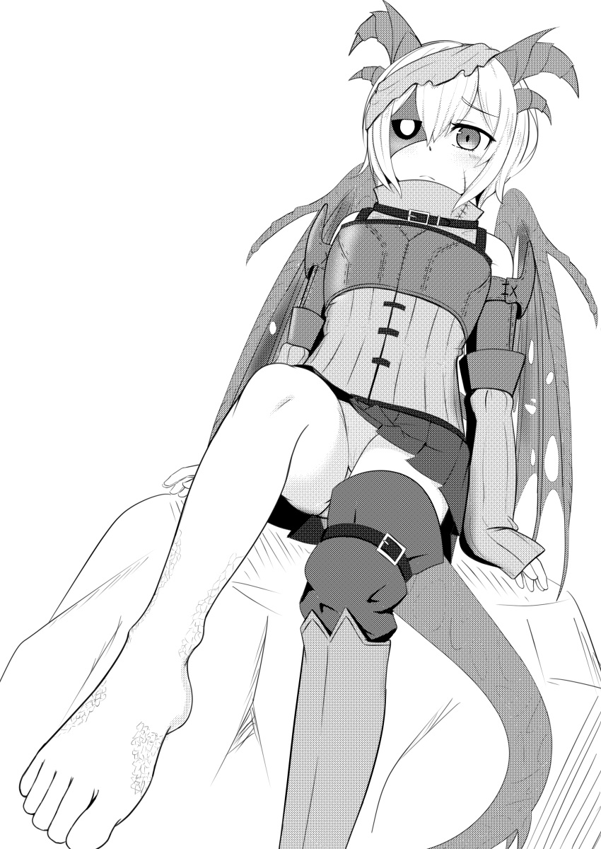 1girl absurdres barefoot boots closed_mouth dragon_girl dragon_horns dragon_wings durnehviir embarrassed feet foot_out_of_frame genderswap genderswap_(mtf) greyscale hair_between_eyes highres horns legs long_sleeves looking_at_viewer monochrome monster_girl okamura_(okamura086) panties pantyshot personification pleated_skirt scales scar short_hair simple_background single_boot sitting skirt solo the_elder_scrolls the_elder_scrolls_v:_skyrim toes undead underwear wings zenrakishi zombie