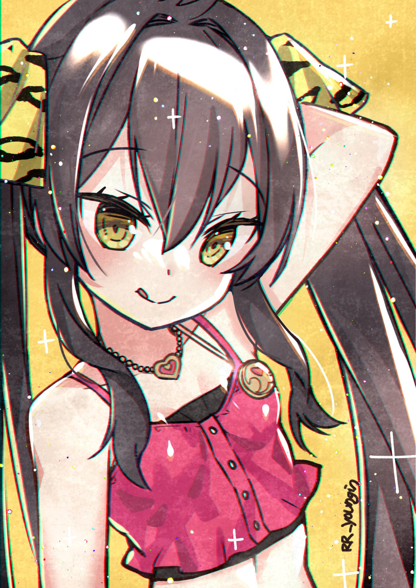 1girl :q absurdres animal_print arm_up bare_shoulders black_hair camisole crop_top hair_between_eyes hair_ribbon heart heart_necklace highres idolmaster idolmaster_cinderella_girls idolmaster_cinderella_girls_u149 jewelry jin_young-in leopard_print long_hair looking_at_viewer matoba_risa necklace print_ribbon ribbon sidelocks smile solo sparkle tongue tongue_out twintails upper_body yellow_background yellow_eyes