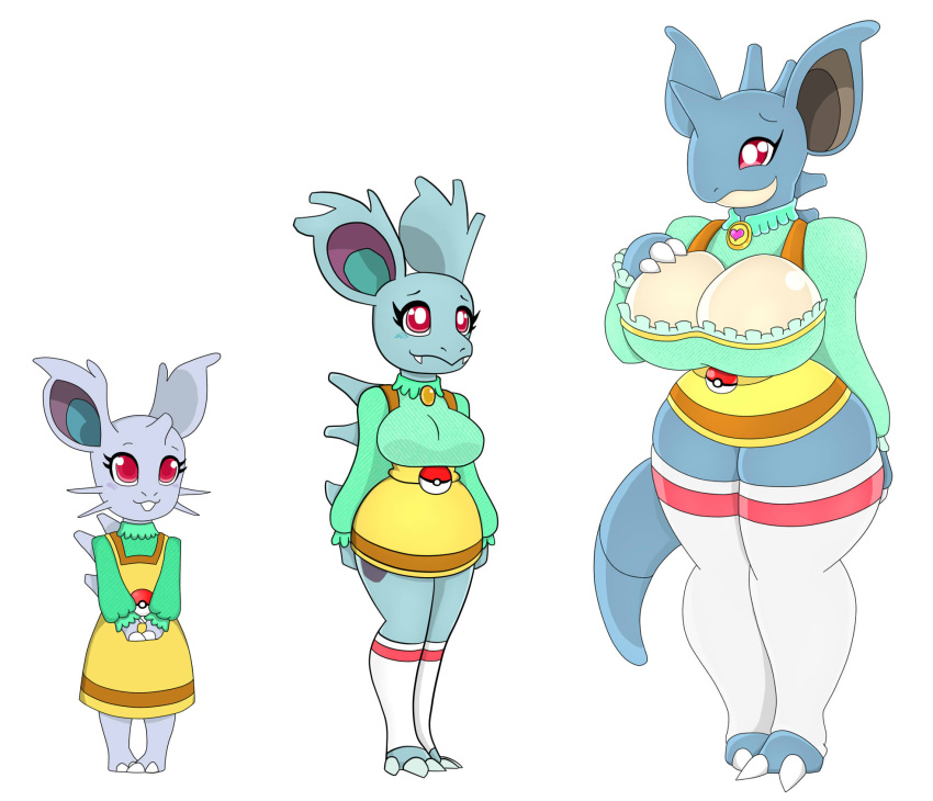 anthro big_breasts blue_body bottomwear breasts buckteeth clothed clothing female generation_1_pokemon group hi_res horn huge_breasts legwear nidoqueen nidoran nidoran♀ nidorina nintendo pokemon pokemon_(species) red_eyes simple_background skirt stockings tail teeth trio tunic urusee584 whiskers white_background