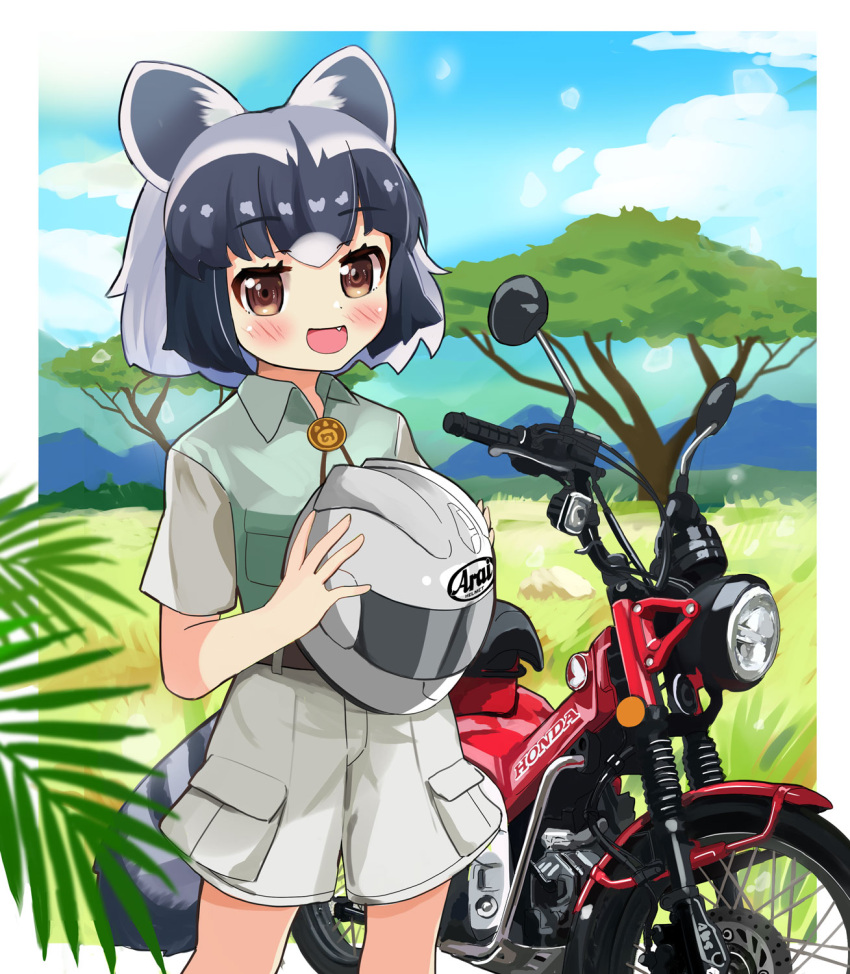 1girl alternate_costume animal_ears blush brown_eyes collared_shirt common_raccoon_(kemono_friends) cowboy_shot fang green_jacket grey_hair grey_jacket grey_shorts helmet highres jacket japari_symbol kemono_friends motor_vehicle motorcycle motorcycle_helmet multicolored_clothes multicolored_hair multicolored_jacket open_mouth raccoon_ears raccoon_girl raccoon_tail safari_jacket shirt short_hair short_sleeves shorts smile solo tail two-tone_hair two-tone_jacket uniform wakamizu