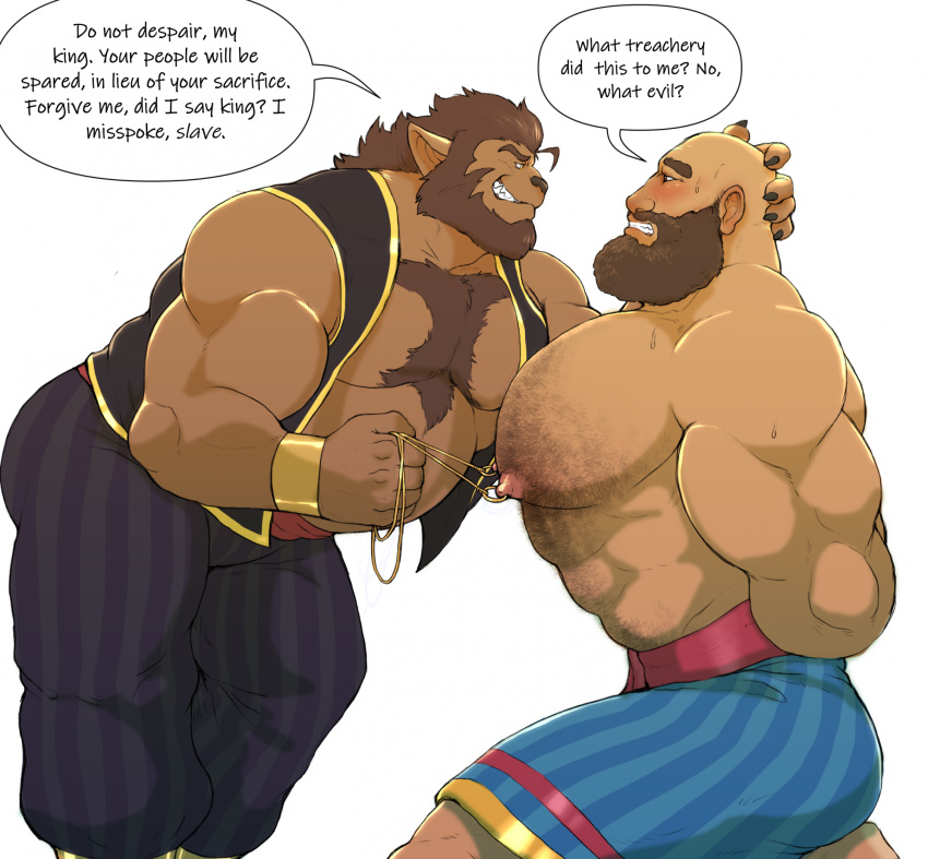 anthro beard belly blush bodily_fluids body_hair bottomwear bugbear chest_hair civilization_(series) clothed clothing degradation dialogue dominant dominant_anthro dominant_male duo english_text evil_grin eye_contact facial_hair gaur_(gaurbeast) gilgamesh gilgamesh_(civilization) hairy hand_on_head hands_behind_back hi_res human human_on_anthro hyenaface interspecies kneeling looking_at_another male male/male mammal muscular muscular_male nipple_chain nipple_piercing nipple_ring nipple_ring_pull nipples pants pecs piercing ring_piercing simple_background smile speech_bubble submissive submissive_human submissive_male sweat taunting text topless topwear vest white_background