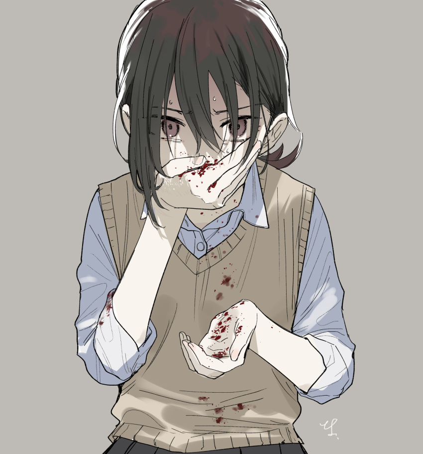 1girl bags_under_eyes black_hair black_skirt blood blood_on_clothes blood_on_hands brown_eyes brown_sweater_vest collared_shirt commentary_request covering_mouth furrowed_brow grey_background hair_behind_ear hair_over_eyes hand_on_own_face hands_up highres leaning_forward long_hair looking_at_viewer low_ponytail nervous_sweating nosebleed original pleated_skirt shaded_face shirt signature simple_background skirt sleeves_rolled_up solo sweat sweater_vest toyosaka upper_body white_shirt