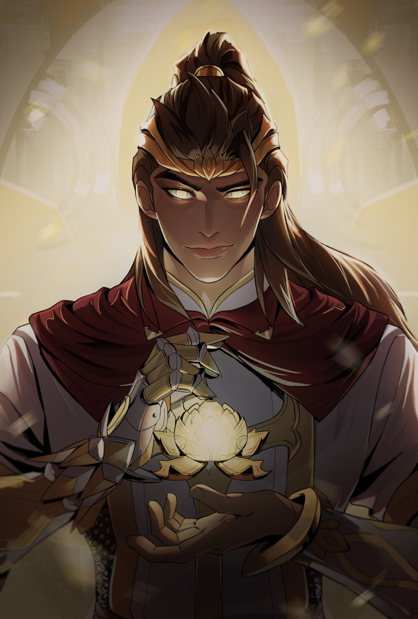 1boy brown_hair cleric cleric_lifeweaver closed_mouth dark-skinned_male dark_skin flower glowing glowing_eyes high_ponytail highres korean_commentary lifeweaver_(overwatch) looking_at_viewer male_focus mechanical_arms o_o6771 official_alternate_costume overwatch overwatch_2 ponytail shirt single_mechanical_arm smile solo upper_body white_shirt