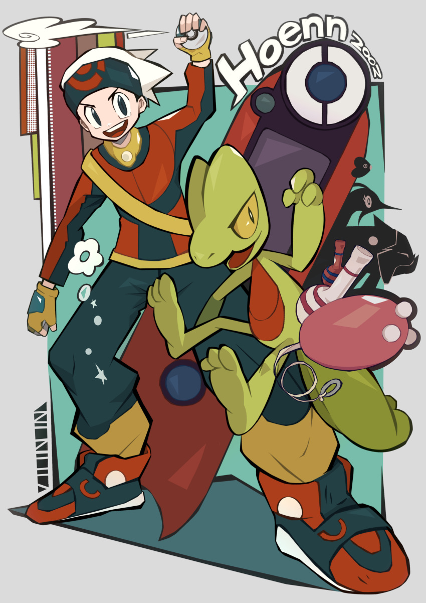 1boy 2002 absurdres arm_up black_eyes black_hair black_pants border dive_ball fingerless_gloves full_body gloves gorebyss grey_border highres holding holding_poke_ball luvdisc male_focus open_mouth ottoyamaotoko8 pants poke_ball pokedex pokemon pokemon_(creature) pokemon_(game) pokemon_rse red_footwear relicanth sash short_hair skitty treecko white_headwear yellow_gloves yellow_sash