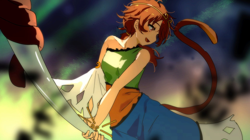 1girl blue_dress blush brown_eyes brown_hair collarbone dress green_dress highres holding long_hair maisuiren monkey_tail multicolored_clothes multicolored_dress nyoibo open_mouth orange_dress smile solo son_biten tail touhou unfinished_dream_of_all_living_ghost