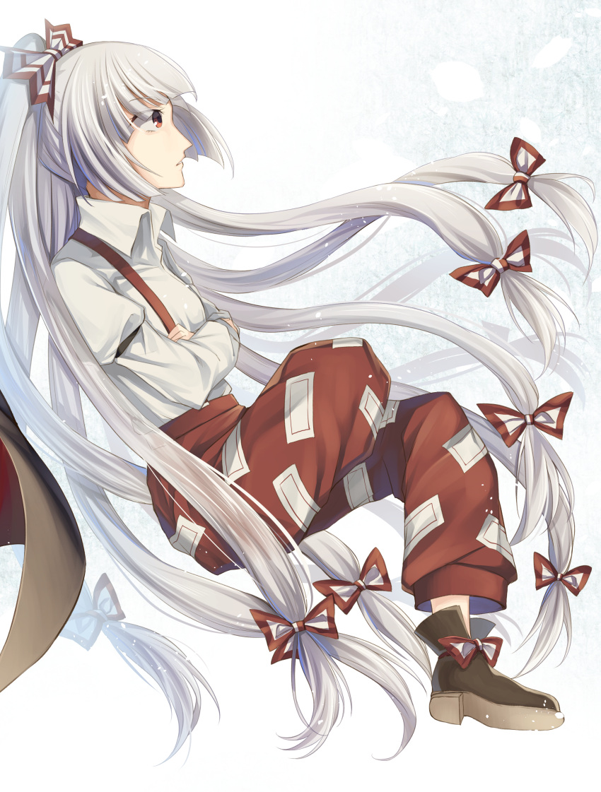 absurdres back_cover boots brown_footwear cover crossed_arms from_side fujiwara_no_mokou highres kaede_(mmkeyy) long_hair long_sleeves ofuda ofuda_on_clothes pants red_eyes red_pants shirt sitting suspenders touhou very_long_hair white_hair white_shirt