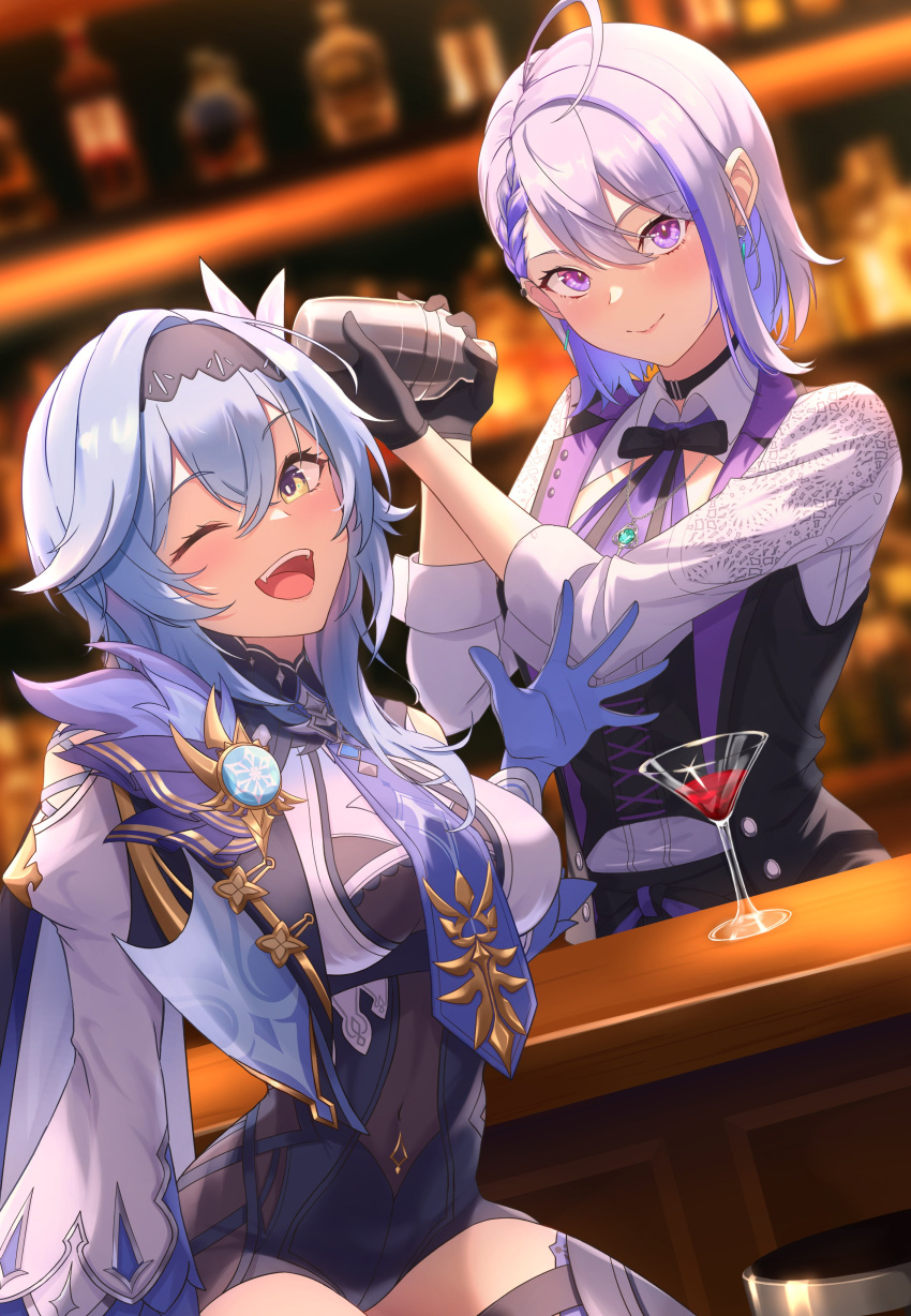 2girls absurdres bar_(place) bartender black_choker black_gloves black_hairband black_vest blue_cape blue_gloves blue_hair blue_necktie blush braid breasts cape choker closed_mouth clothing_cutout cocktail cocktail_glass cup drinking_glass dutch_angle eula_(genshin_impact) genshin_impact gloves grey_hair hair_between_eyes hairband hand_up high-waist_shorts highres indoors jewelry long_sleeves looking_at_viewer medium_breasts medium_hair multicolored_hair multiple_girls necklace necktie one_eye_closed open_mouth purple_eyes sakuya_tobari shirt shorts shoulder_cutout sidelocks single_braid sitting smile streaked_hair teeth upper_teeth_only vest vic_1223 virtual_youtuber vision_(genshin_impact) white_shirt white_sleeves wide_sleeves yellow_eyes