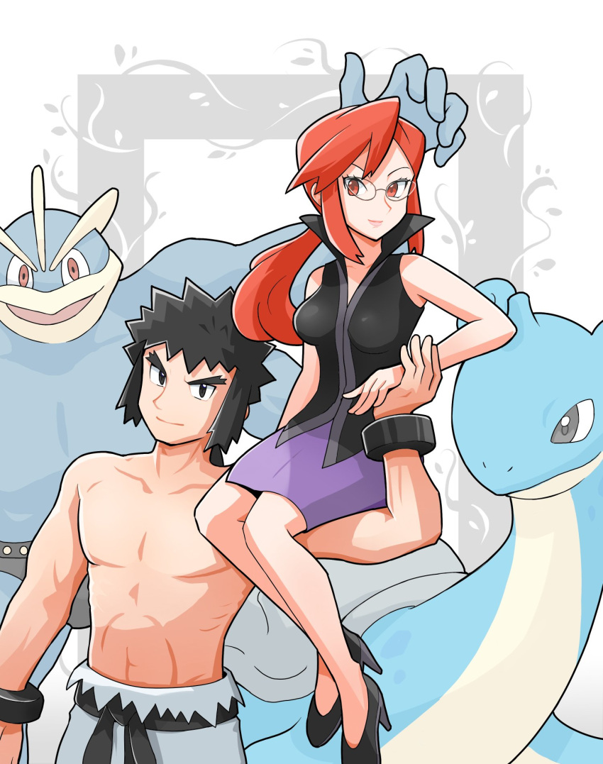 1boy 1girl abs belt black_belt black_eyes black_footwear black_hair black_shirt bracelet breasts bruno_(pokemon) commentary_request ffccll glasses high_heels highres holding_hands jewelry lapras long_hair long_sideburns lorelei_(pokemon) machamp pants pectorals pencil_skirt pokemon pokemon_(creature) pokemon_(game) pokemon_frlg pokemon_masters_ex ponytail purple_skirt shirt sideburns skirt sleeveless sleeveless_shirt topless_male torn_clothes torn_pants