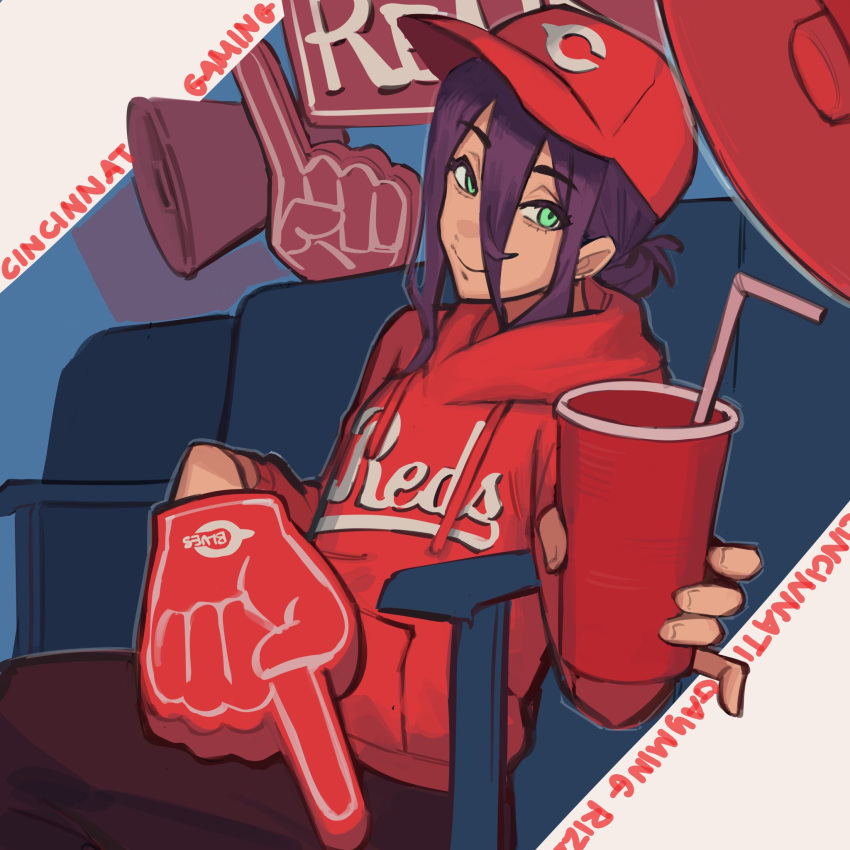 1girl airhorn chainsaw_man cincinnati_reds cup foam_finger green_eyes hair_between_eyes hair_bun highres holding holding_cup hood hoodie liowig looking_at_viewer medium_hair purple_hair red_hoodie reze_(chainsaw_man) single_hair_bun smile solo