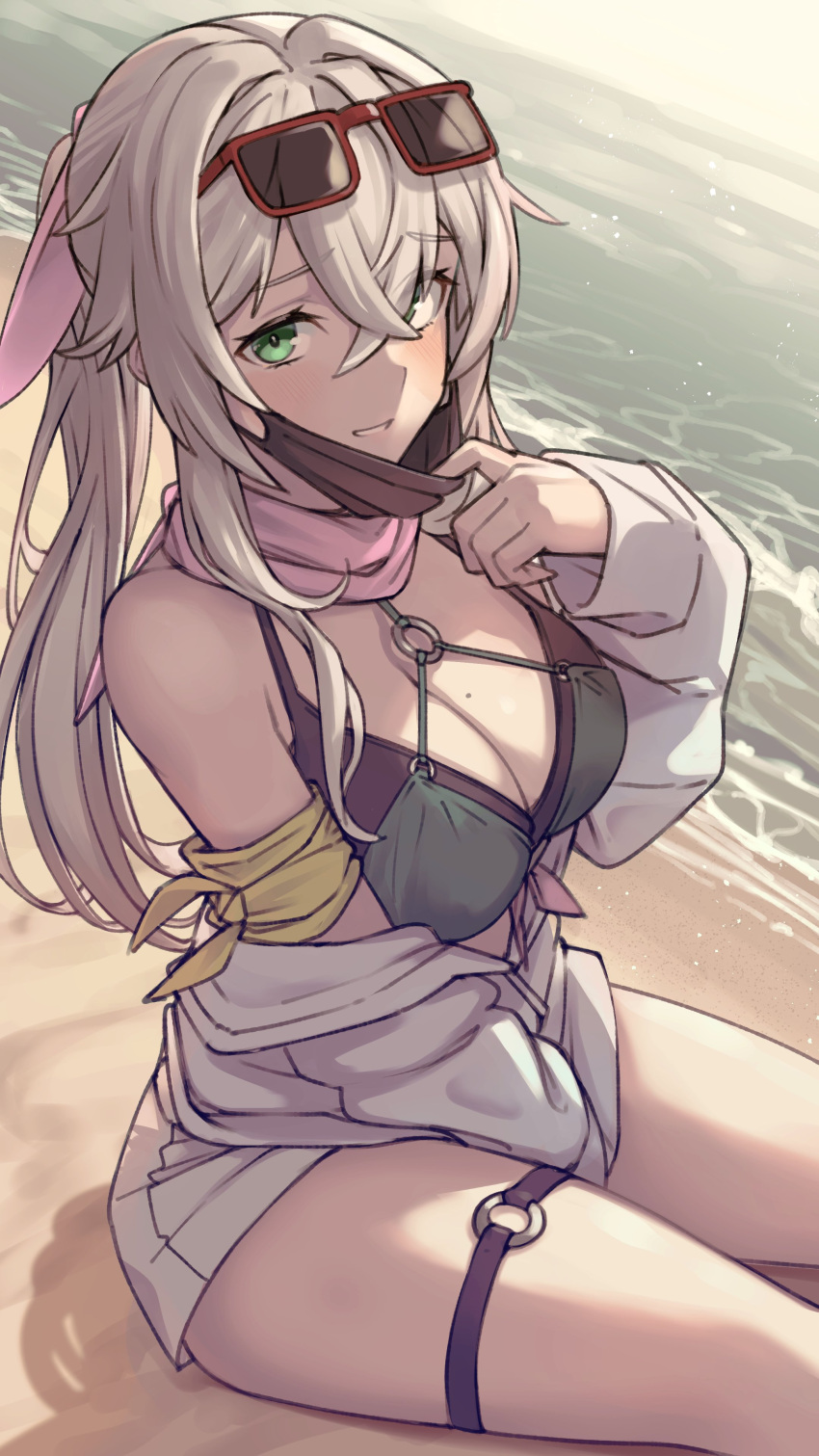 1girl absurdres arm_scarf beach bikini black_mask blush breasts cleavage commission crossed_bangs day eyewear_on_head green_eyes grey_hair hair_between_eyes highres jacket long_hair looking_at_viewer mask mask_pull mi2mi2_minmi mole mole_on_breast mouth_mask o-ring o-ring_thigh_strap original outdoors pink_scarf ponytail scarf second-party_source short_shorts shorts sitting skeb_commission solo sunglasses swimsuit thigh_strap water white_shorts