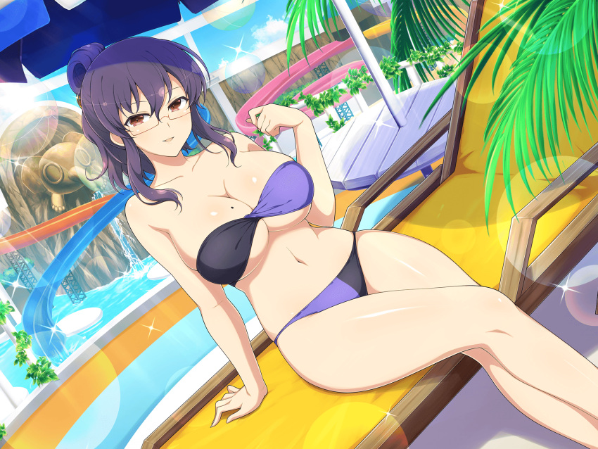 1girl bikini blush breasts cleavage day deck_chair elephant_statue folded_ponytail glasses highres large_breasts leaf looking_at_viewer mole mole_on_breast palm_leaf palm_tree pool poolside purple_hair red-framed_eyewear red_eyes senran_kagura senran_kagura_new_link sitting smile suzune_(senran_kagura) swimsuit teacher tree two-tone_bikini water water_slide waterfall waterpark yaegashi_nan