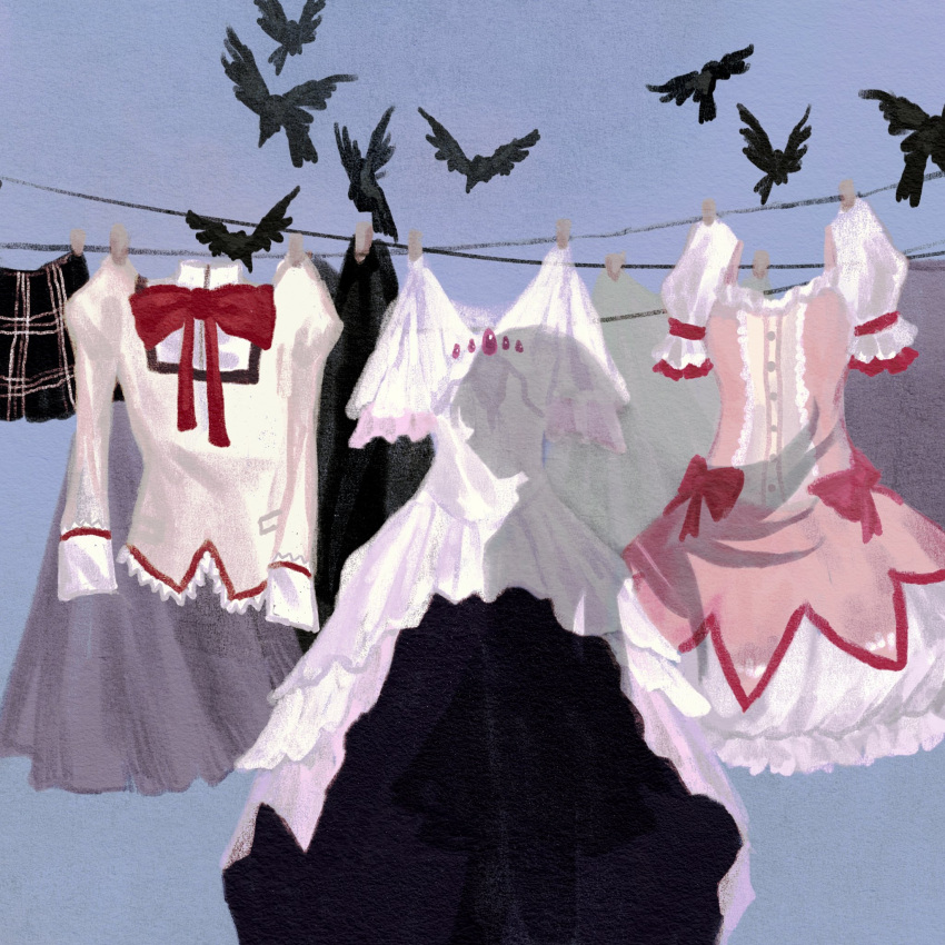 1girl akemi_homura arms_at_sides bird black_bird black_skirt bow breasts bubble_skirt buttons center_frills cleavage cleavage_cutout clothes clothes_pin clothesline clothing_cutout crow dress floating_hair frilled_skirt frilled_sleeves frills from_side high-low_skirt high_collar highres juliet_sleeves kaname_madoka ksline0930 layered_dress layered_sleeves light_blue_background long_dress long_hair long_sleeves magical_girl mahou_shoujo_madoka_magica mahou_shoujo_madoka_magica_(anime) mitakihara_school_uniform neck_ribbon out_of_frame pink_bow plaid plaid_skirt profile puffy_short_sleeves puffy_sleeves red_ribbon ribbon school_uniform shadow short_sleeves simple_background skirt solo ultimate_madoka waist_bow walking white_dress white_skirt wide_sleeves