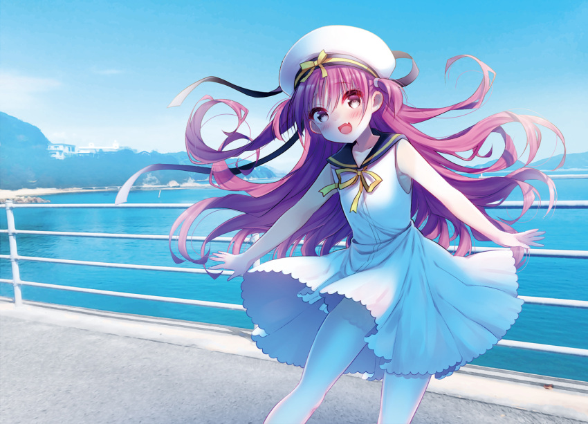 1girl :d arms_at_sides blue_sailor_collar blue_sky blush commentary_request cowboy_shot day dress eyelashes eyes_visible_through_hair fang floating_clothes floating_hair frilled_dress frills grey_eyes hair_between_eyes hano_haruka happy hat katou_umi long_hair looking_at_viewer neck_ribbon open_mouth outdoors outstretched_arms photo_background purple_hair ribbon sailor_collar sailor_dress sailor_hat short_dress skin_fang sky sleeveless sleeveless_dress smile solo standing summer summer_pockets two_side_up very_long_hair white_headwear yellow_ribbon