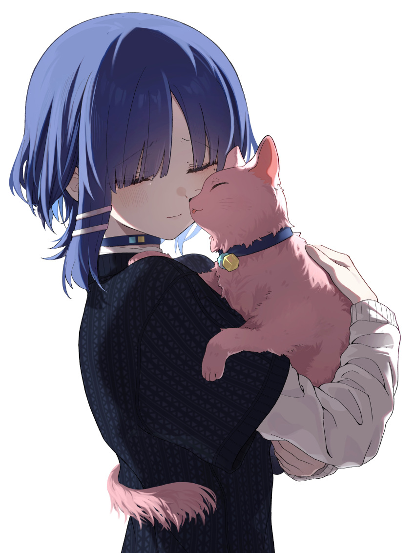 2girls :3 absurdres animal animalization bangs black_sweater blue_collar blue_hair blunt_bangs blush bocchi_the_rock! cat closed_mouth collar cube furrowed_brow gotou_hitori hair_ornament hairclip highres holding holding_animal holding_cat hug licking licking_another's_face long_sleeves mole mole_under_eye multiple_girls nenehotoso parted_bangs pink_fur short_hair sidelocks simple_background smile sweater tail tail_hug tears tongue tongue_out upper_body whiskers white_background white_sleeves yamada_ryou