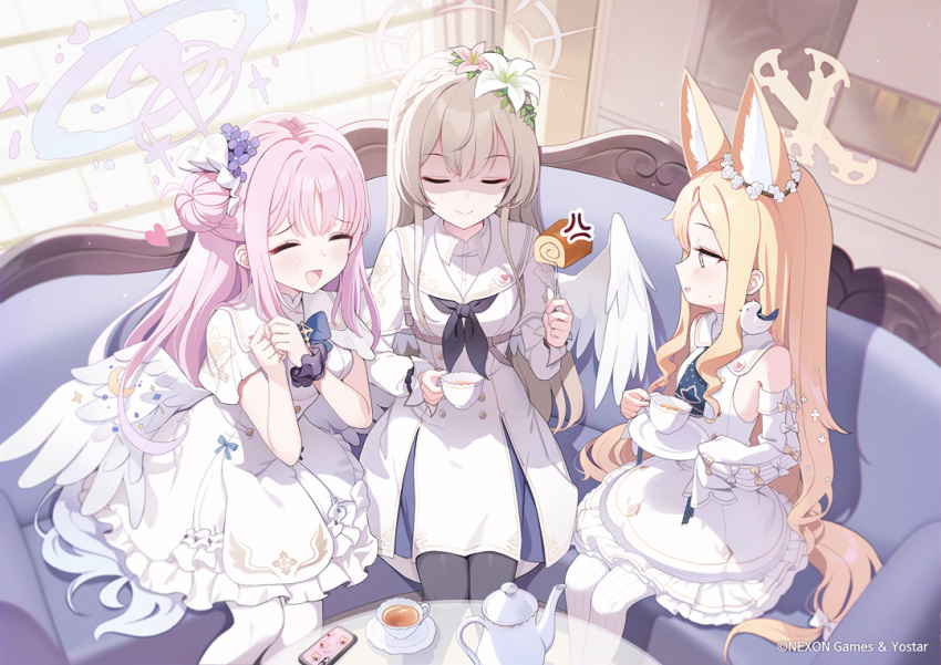 3girls angel_wings anger_vein animal_ear_fluff animal_ears bird black_neckerchief black_scrunchie blue_archive blue_hair blush cake capelet cellphone closed_eyes cup dress feathered_wings flower food forehead fox_ears frilled_ribbon frills gradient_hair hair_bun hair_flower hair_ornament halo heart jehyun long-tailed_tit low_wings mika_(blue_archive) multicolored_hair multiple_girls nagisa_(blue_archive) neckerchief necktie official_art own_hands_together pantyhose parted_bangs phone pink_hair pink_halo plate ribbon school_uniform scrunchie seia_(blue_archive) serafuku short_necktie shoulder_strap single_side_bun sitting sitting_on_object sleeve_bow sleeves_past_fingers sleeves_past_wrists smartphone spoken_anger_vein spoken_heart sweatdrop swiss_roll tea tea_party tea_party_(blue_archive) teacup tit_(bird) watermark white_bird white_capelet white_dress white_pantyhose white_serafuku white_wings window wing_ornament wings wrist_scrunchie yellow_halo