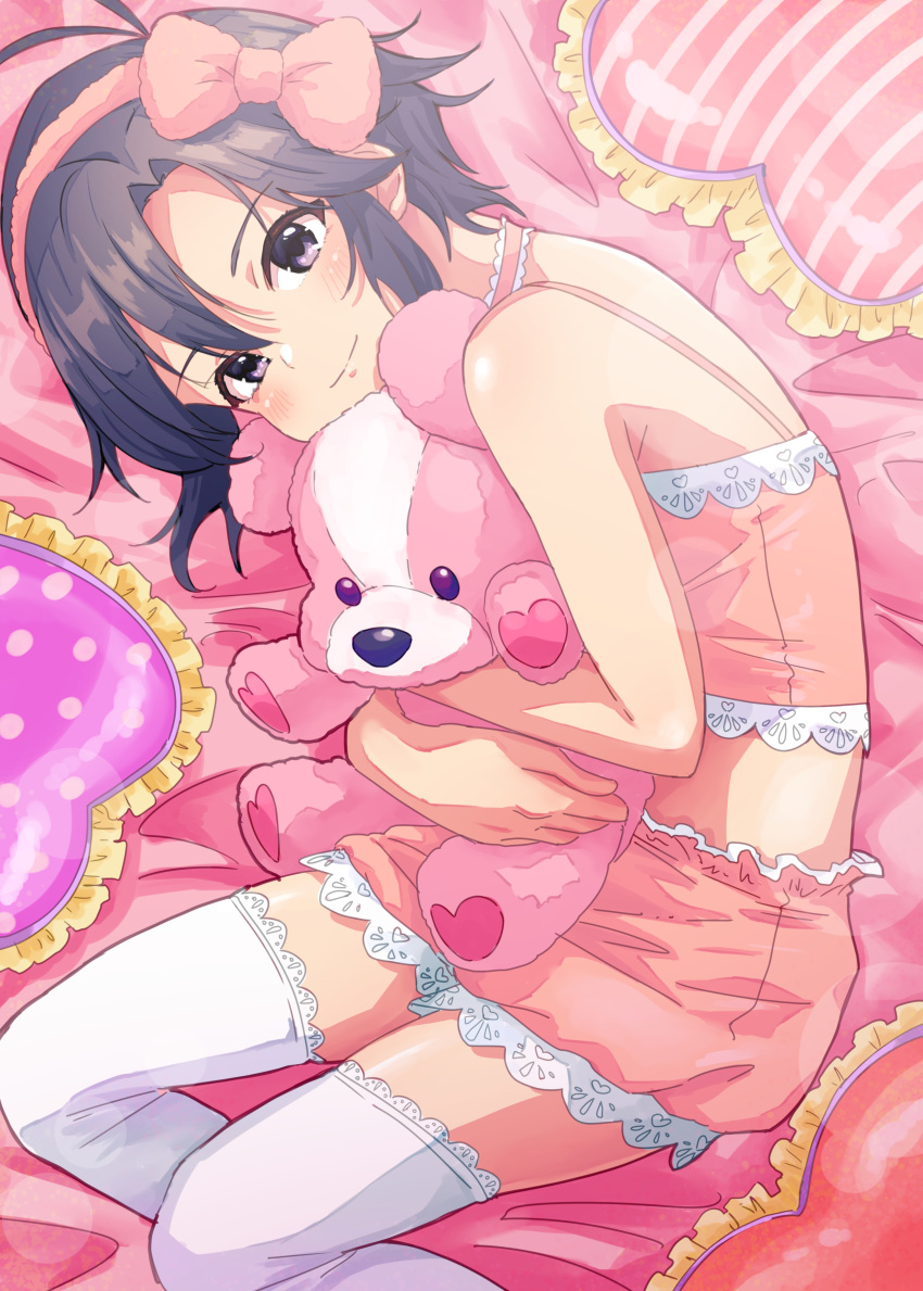 1girl absurdres antenna_hair bare_shoulders black_eyes black_hair blush choker closed_mouth crop_top cropped_shirt cushion frilled_choker frilled_shirt frilled_skirt frills hair_ribbon hairband highres holding holding_stuffed_toy idolmaster idolmaster_(classic) idolmaster_million_live! idolmaster_million_live!_theater_days kikuchi_makoto looking_at_viewer lying midriff on_bed on_side pink_choker pink_hairband pink_ribbon pink_shirt pink_skirt ribbon shirt short_hair skirt smile solo stuffed_animal stuffed_toy teddy_bear thighhighs wanoji white_thighhighs zettai_ryouiki