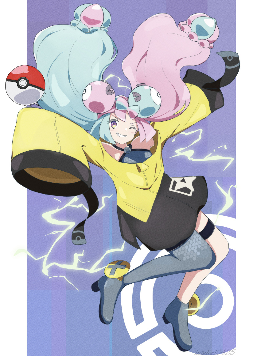 1girl absurdres boots bow-shaped_hair character_hair_ornament commentary_request electricity floating_hair full_body green_hair grey_footwear grin hair_ornament highres inadori iono_(pokemon) jacket looking_at_viewer multicolored_hair one_eye_closed pink_hair poke_ball poke_ball_(basic) pokemon pokemon_(game) pokemon_sv purple_eyes single_leg_pantyhose sleeves_past_fingers sleeves_past_wrists smile solo star_(symbol) star_print teeth thigh_strap twintails two-tone_hair yellow_jacket