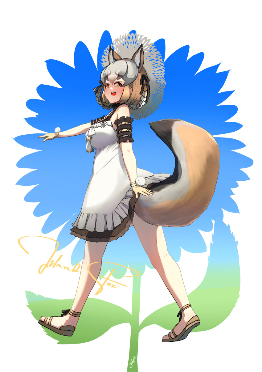 1girl absurdres animal_ears brown_eyes brown_hair dress extra_ears flower fox_ears fox_girl fox_tail gloves grey_hair hat highres island_fox_(kemono_friends) john_(a2556349) kemono_friends kemono_friends_v_project long_hair looking_at_viewer sandals simple_background solo sundress sunflower tail virtual_youtuber