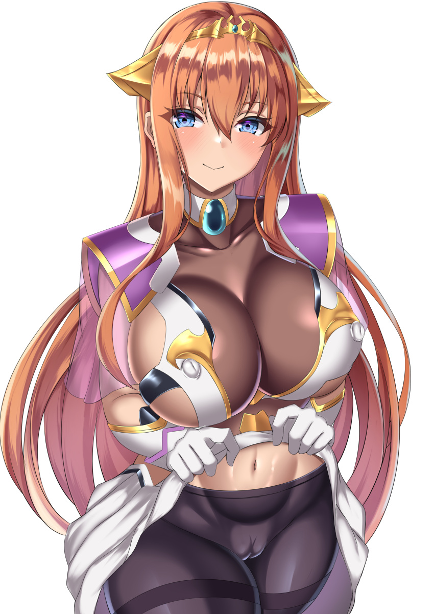 1girl absurdres black_pantyhose blue_eyes breasts cameltoe clothes_lift covered_nipples gloves hair_ornament highres kangoku_senkan kangoku_senkan_2 large_breasts lilith-soft long_hair looking_at_viewer maya_cordelia no_bra no_panties orange_hair pantyhose parapetto see-through skirt skirt_lift smile white_background white_gloves