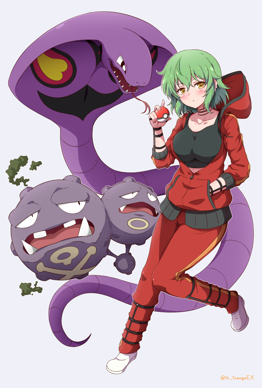 1girl absurdres arbok black_choker black_eyes black_sports_bra blush breasts choker cobra_(animal) collarbone crossover eggman_(pixiv28975023) fangs floating forked_tongue green_hair highres hikage_(senran_kagura) holding holding_poke_ball hood hood_down hooded_jacket hoodie jacket large_breasts looking_at_viewer multiple_heads open_mouth parted_lips poke_ball poke_ball_(basic) pokemon pokemon_(creature) pokemon_(game) pokemon_rgby senran_kagura senran_kagura_burst senran_kagura_new_link senran_kagura_shoujo-tachi_no_shin'ei short_hair simple_background skull_and_crossbones slit_pupils smoke snake sports_bra standing tail tongue tongue_out track_suit tusks weezing white_footwear yellow_eyes