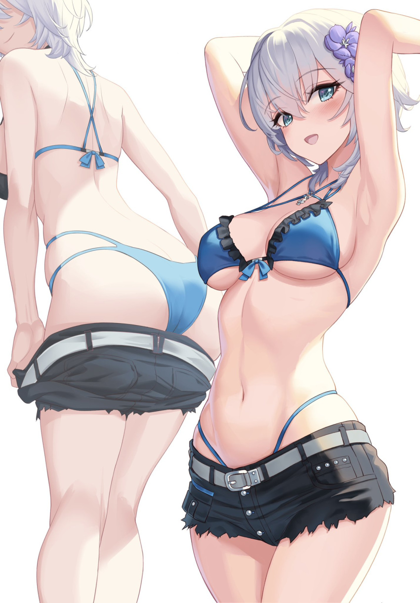 1girl anastasia_(idolmaster) armpits arms_behind_head arms_up ass back bare_back bare_shoulders bikini black_shorts blue_bikini blue_eyes blush breasts cleavage clothes_pull commentary cutoffs denim denim_shorts facing_back flower frilled_bikini frills from_behind front-tie_bikini_top front-tie_top grey_hair hair_between_eyes hair_flower hair_ornament hamahama highleg highleg_bikini highres idolmaster idolmaster_cinderella_girls looking_at_viewer median_furrow medium_breasts multi-strapped_bikini multiple_views navel open_mouth pulled_by_self short_hair short_shorts shorts shorts_pull simple_background skindentation smile solo stomach strap_gap string_bikini swimsuit thighs underboob white_background white_hair