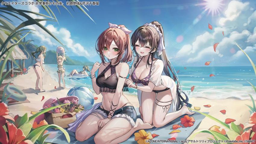 5girls adjusting_another's_clothes andou_tazusa arm_strap arms_up assault_lily ball bare_arms bare_legs bare_shoulders barefoot beach_towel beachball between_legs bikini bikini_skirt black_bikini black_ribbon blonde_hair blue_shorts blue_sky blush bow bracelet breasts brown_hair cleavage cleavage_cutout closed_eyes closed_mouth clothing_cutout cloud collarbone crossed_bangs cutoffs day denim denim_shorts falling_petals floral_print flower fringe_trim green_eyes hair_between_eyes hair_bow hair_ornament hair_ribbon hair_scrunchie halterneck hand_between_legs hand_up hat hatsukano_you headwear_removed hibiscus high_ponytail highleg highleg_bikini holding holding_ball holding_beachball horizon innertube jewelry kneeling knees_together_feet_apart kudou_(sikisiki0000) kuo_shenlin leaning_forward long_hair looking_at_another looking_at_viewer lying medium_breasts medium_hair mismatched_bikini multiple_girls navel ocean official_alternate_costume official_art on_back on_ground open_clothes open_shirt outdoors outstretched_arms palm_tree panty_straps parted_lips petals pink_bow pink_flower pink_headwear playing polka_dot polka_dot_bow ponytail print_bikini purple_bikini red_flower red_hair ribbon ring scrunchie see-through see-through_shirt serizawa_chikaru shadow short_shorts short_sleeves shorts sidelocks sitting sky smile standing stomach sun sun_hat sunlight swimsuit swimsuit_cover-up thigh_strap towel translation_request tree very_long_hair wang_yujia wariza water watermark white_bikini white_ribbon white_scrunchie wrist_ribbon x_hair_ornament yellow_bikini yellow_flower