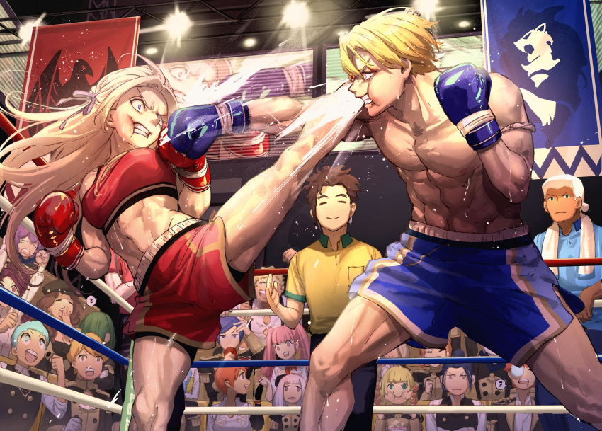 blue_gloves boxing_gloves boxing_ring commentary_request dimitri_alexandre_blaiddyd edelgard_von_hresvelg fire_emblem fire_emblem:_three_houses gloves highres kickboxing moyashi_mou2 multiple_boys multiple_girls muscular muscular_female muscular_male red_gloves