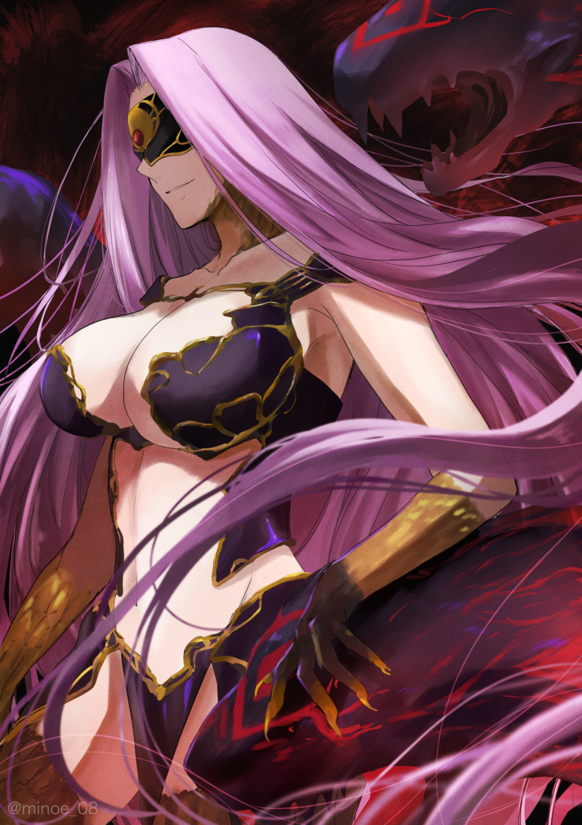 1girl absurdres blindfold breasts bustier claws cleavage covered_eyes fate/grand_order fate_(series) gorgon_(fate) highres large_breasts long_hair medusa_(fate) minoe08 monster_girl navel purple_hair revealing_clothes scales smile snake snake_hair solo very_long_hair