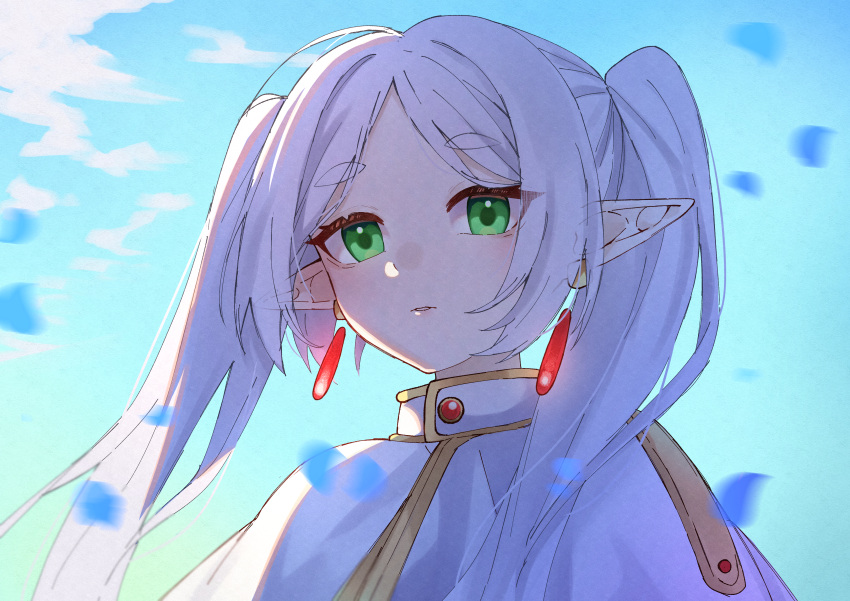1girl absurdres blue_sky blurry capelet cloud cloudy_sky commentary earrings elf falling_petals forehead frieren green_eyes hair_intakes highres jewelry long_hair looking_at_viewer parted_bangs parted_lips petals pointy_ears sky solo solo_focus sousou_no_frieren thick_eyebrows upper_body white_capelet white_hair yozakurayuyu