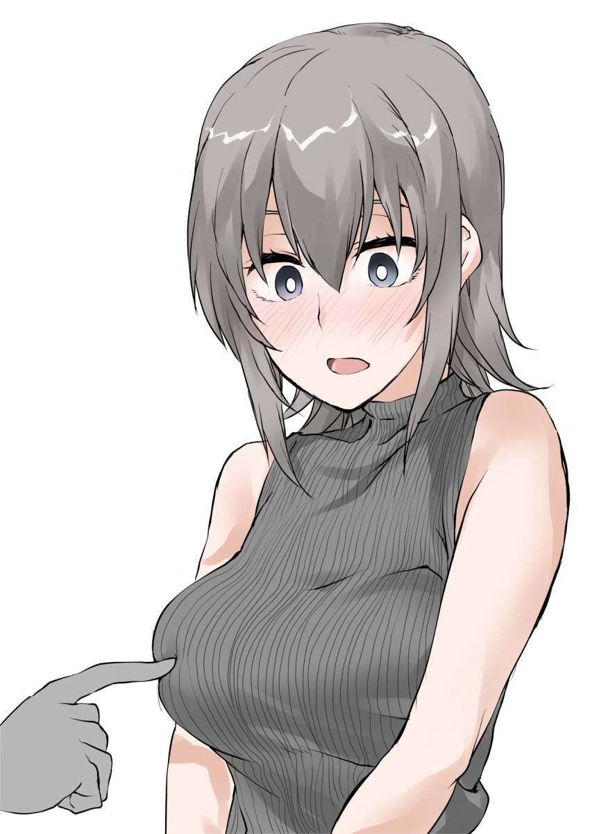 1boy 1girl blush breast_poke breasts bright_pupils casual commentary elf_(stroll_in_the_woods) girls_und_panzer grey_eyes grey_hair grey_shirt hetero highres itsumi_erika medium_breasts poking ribbed_shirt shirt simple_background sleeveless sleeveless_turtleneck textless_version turtleneck white_background white_pupils