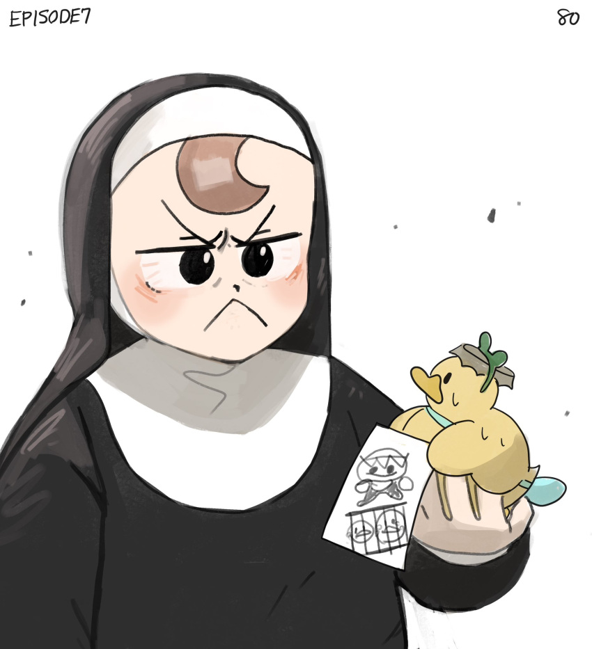 1girl :&lt; bag bird bird_on_hand bottle_cap brown_hair child's_drawing diva_(hyxpk) duck duckling frog_headband froggy_nun_(diva) habit highres holding holding_paper numbered nun original paper simple_background white_background