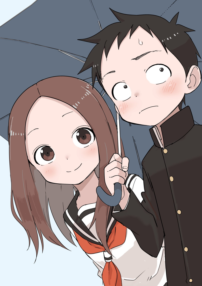 1boy 1girl black_eyes black_hair black_sailor_collar blue_background blush brown_eyes brown_hair forehead frown gakuran highres holding holding_umbrella inaba_mifumi karakai_jouzu_no_takagi-san long_sleeves looking_at_viewer looking_to_the_side neckerchief nishikata red_neckerchief sailor_collar school_uniform shirt simple_background smile takagi-san teardrop umbrella upper_body white_shirt