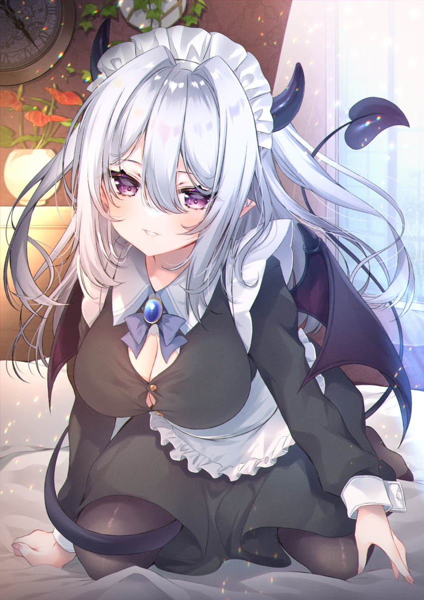 1girl apron black_dress black_pantyhose blue_bow bow breasts cleavage collared_dress commentary_request demon_girl demon_horns demon_tail demon_wings dress frilled_apron frills grey_hair hair_between_eyes hair_intakes highres horns indoors ko_yu large_breasts leaning_forward looking_at_viewer maid no_shoes original pantyhose parted_lips pointy_ears purple_eyes purple_wings smile solo tail white_apron window wings
