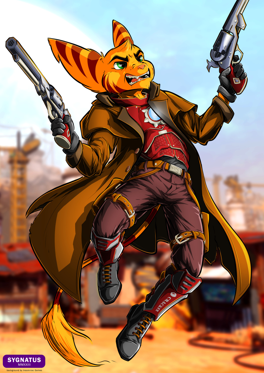 absurd_res anthro armor boots clothing duster_coat footwear gloves gun handgun handwear hi_res kaden lombax male mammal ranged_weapon ratchet_and_clank revolver solo sony_corporation sony_interactive_entertainment stripes sygnatus weapon