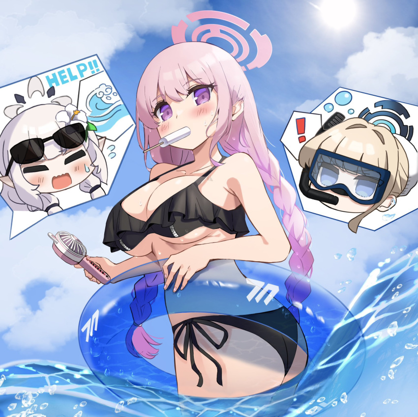 ! 3girls alternate_costume bikini black_bikini blonde_hair blue_archive braid breasts closed_eyes diving_mask eimi_(blue_archive) food_in_mouth goggles hair_bun halo hand_fan highres himari_(blue_archive) holding holding_fan holding_innertube innertube jellyman_hlsy large_breasts long_hair multiple_girls partially_submerged pink_hair pink_halo popsicle_in_mouth side-tie_bikini_bottom single_braid snorkel sunglasses swimsuit toki_(blue_archive) white_hair