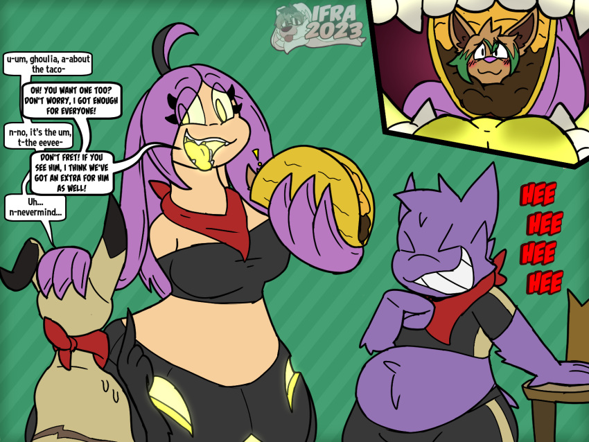 anthro eevee female female_pred food gaping_mouth garret_the_gengar generation_1_pokemon generation_6_pokemon generation_7_pokemon gengar ghoulia_the_gourgeist gourgeist hi_res ifra ifra_strawberrii imminent_vore male male_prey mimi_the_mimikyu mimikyu nintendo nonbinary_(lore) open_mouth pokemon pokemon_(species) taco unaware unaware_pred unaware_vore vore
