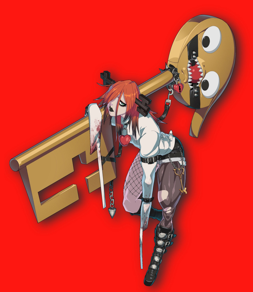 1girl a.b.a absurdres bags_under_eyes belt blood boots chain deadset_future green_eyes guilty_gear guilty_gear_strive hair_over_one_eye highres homunculus key key_in_head object_through_head pale_skin pantyhose paracelsus red_background red_hair redesign thighhighs torn_clothes torn_pantyhose weapon