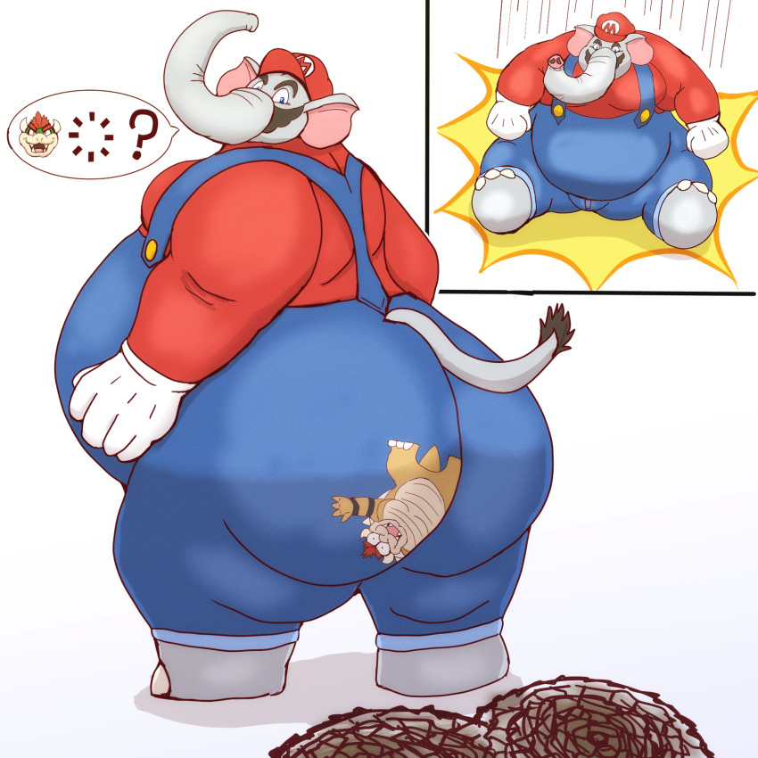 big_butt blue_eyes bowser butt butt_stomp clothing crush duo elephant elephant_mario elephantid facial_hair flattened gigadon hat headgear headwear hi_res humor male mammal mario mario_bros mustache nintendo overalls overweight proboscidean super_mario_bros_wonder