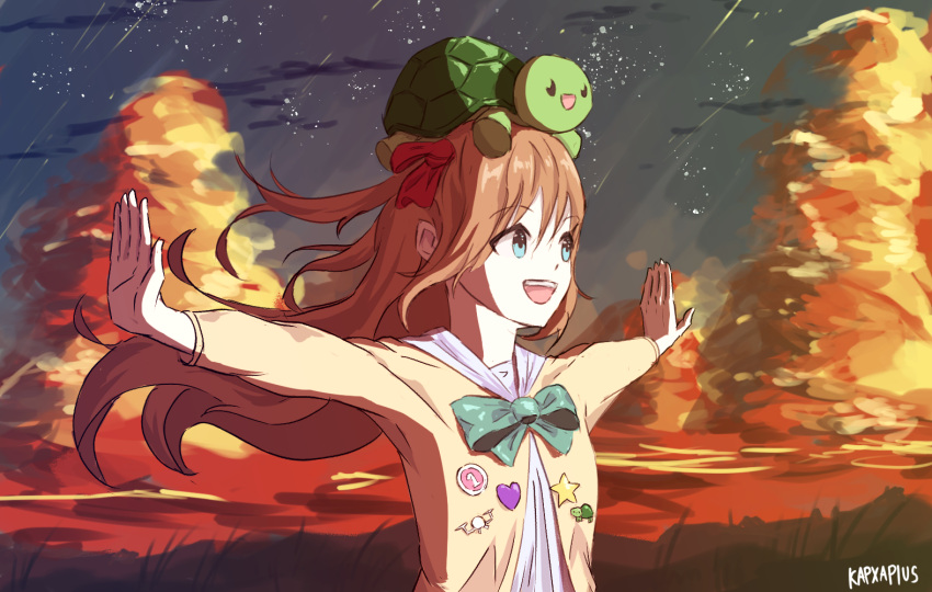 1girl :d animal_on_head badge blue_eyes bow bowtie brown_hair button_badge cardigan cloud cloudy_sky evening grass green_bow green_bowtie grey_sailor_collar hair_ribbon heart indie_virtual_youtuber kapxapius long_hair looking_afar looking_ahead neuro-sama on_head open_mouth outstretched_arms red_ribbon ribbon sailor_collar shirt sidelocks sky smile spread_arms star_(sky) star_(symbol) sunset swarm_drone_(neuro-sama) teeth turtle two_side_up upper_body upper_teeth_only vedal987 virtual_youtuber white_shirt yellow_cardigan