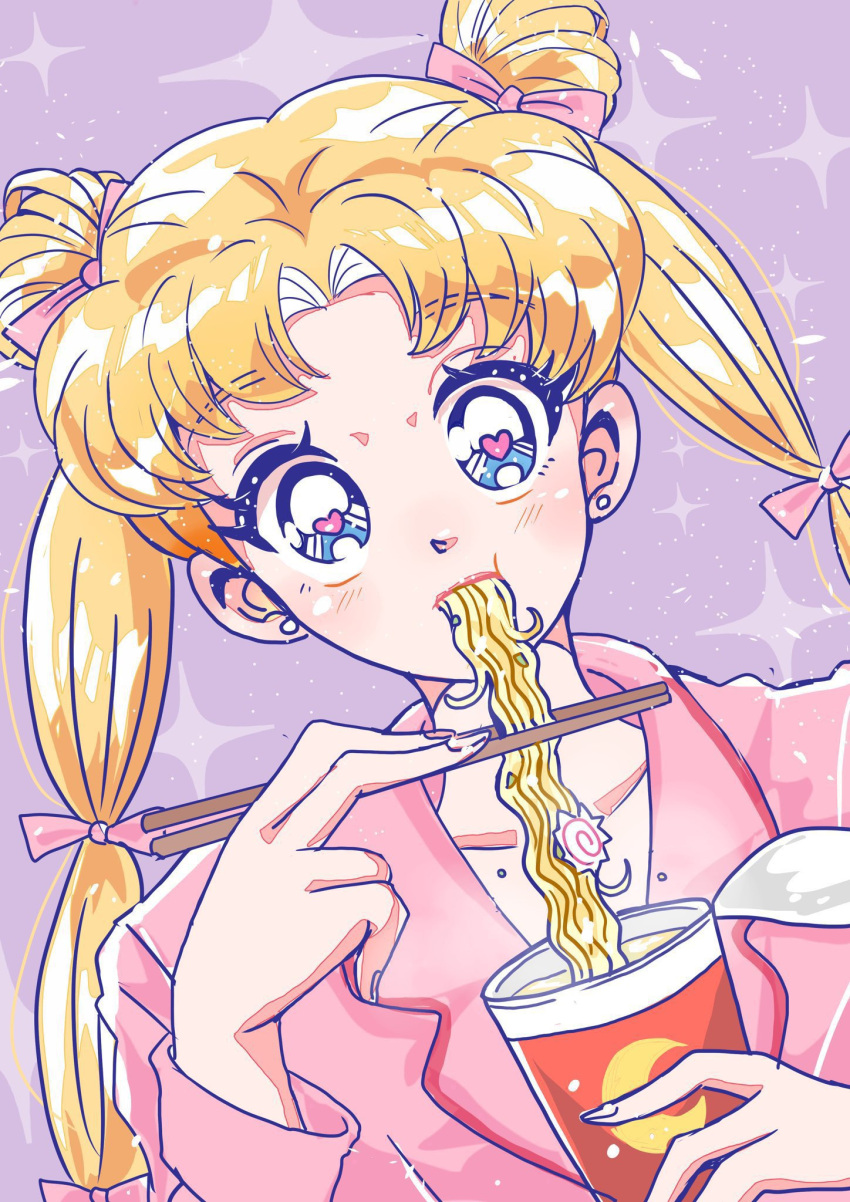 1girl bishoujo_senshi_sailor_moon blonde_hair blue_eyes bow earrings food heart heart-shaped_pupils highres instant_ramen jewelry noodles pink_bow purple_background rabi2651 ramen solo symbol-shaped_pupils tsukino_usagi