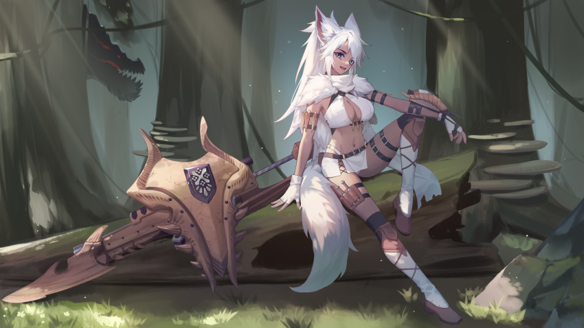 1girl absurdres animal_ears breasts cleavage cleavage_cutout clothing_cutout commission crop_top dark-skinned_female dark_skin fallen_tree fang fingerless_gloves forest fox_ears fox_girl fox_tail gloves green_eyes gunlance head_tilt highres kirby_d_a loincloth looking_at_viewer monster_hunter:_world monster_hunter_(series) mushroom nature navel open_mouth original pixiv_commission shield shirt sitting slinger_(monster_hunter) socks solo stomach sword tail weapon white_gloves white_hair white_shirt white_socks